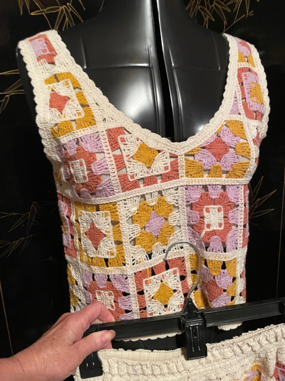 Rebellion Crochet Patchwork Tank/V Neck and Sh - Cream, Pink, Mustard & Lavender